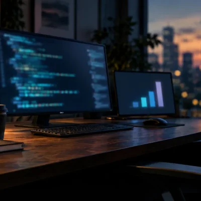 A dark wood desk at dusk with a monitor showing blurred lines of code and a second screen showing a simple bar chart, empty chair, city skyline behind