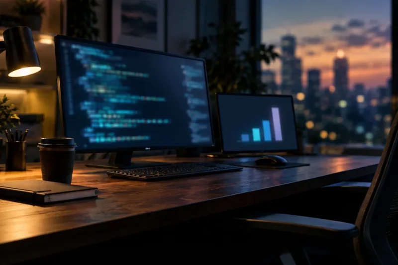 A dark wood desk at dusk with a monitor showing blurred lines of code and a second screen showing a simple bar chart, empty chair, city skyline behind