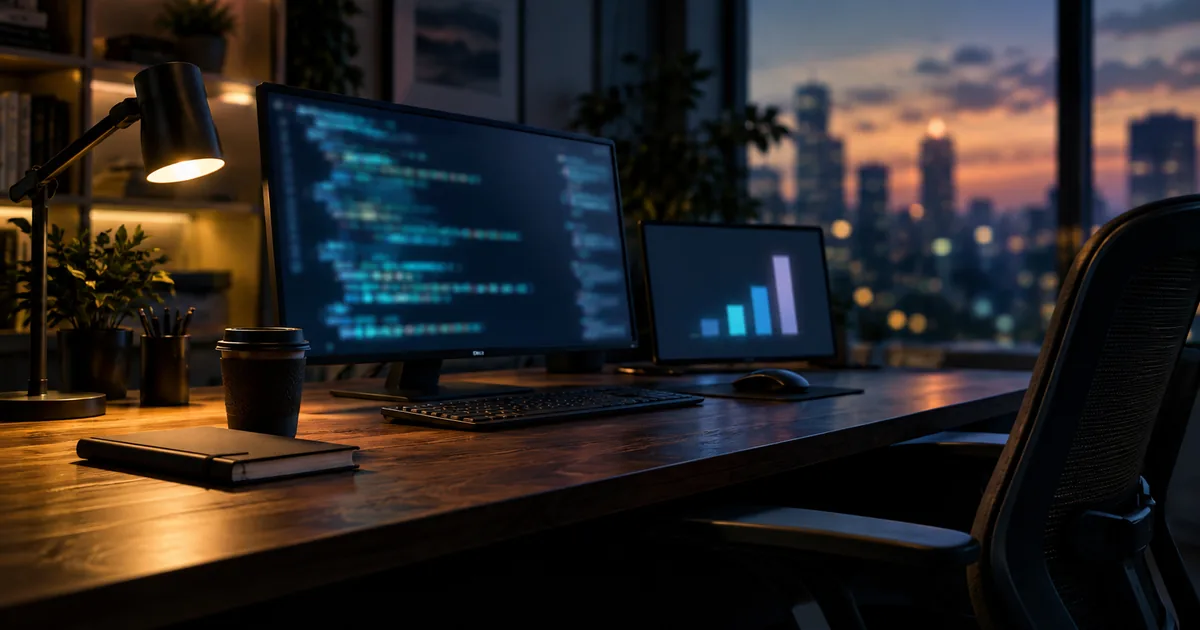 A dark wood desk at dusk with a monitor showing blurred lines of code and a second screen showing a simple bar chart, empty chair, city skyline behind