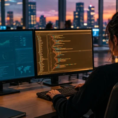 Software engineer at a dual-monitor desk at dusk, typing in a warm amber code editor on the right while a cool blue dashboard sits idle on the left