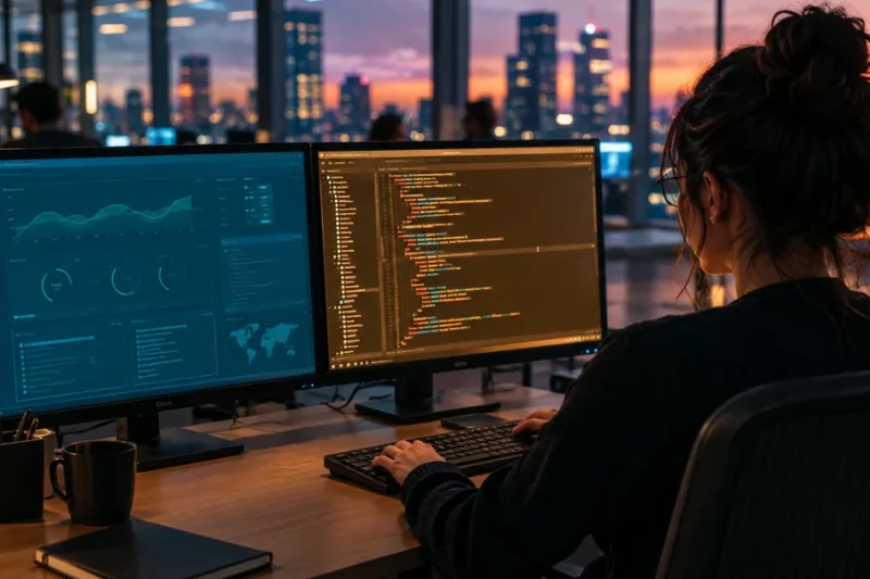 Software engineer at a dual-monitor desk at dusk, typing in a warm amber code editor on the right while a cool blue dashboard sits idle on the left