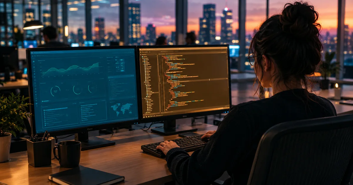 Software engineer at a dual-monitor desk at dusk, typing in a warm amber code editor on the right while a cool blue dashboard sits idle on the left