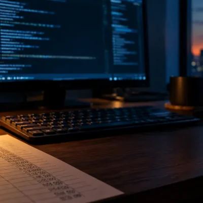 A minimalist developer desk at dusk, monitor showing an out-of-focus terminal, a printed page of figures lit by a desk lamp in the foreground