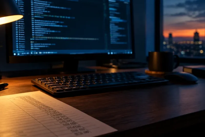 A minimalist developer desk at dusk, monitor showing an out-of-focus terminal, a printed page of figures lit by a desk lamp in the foreground