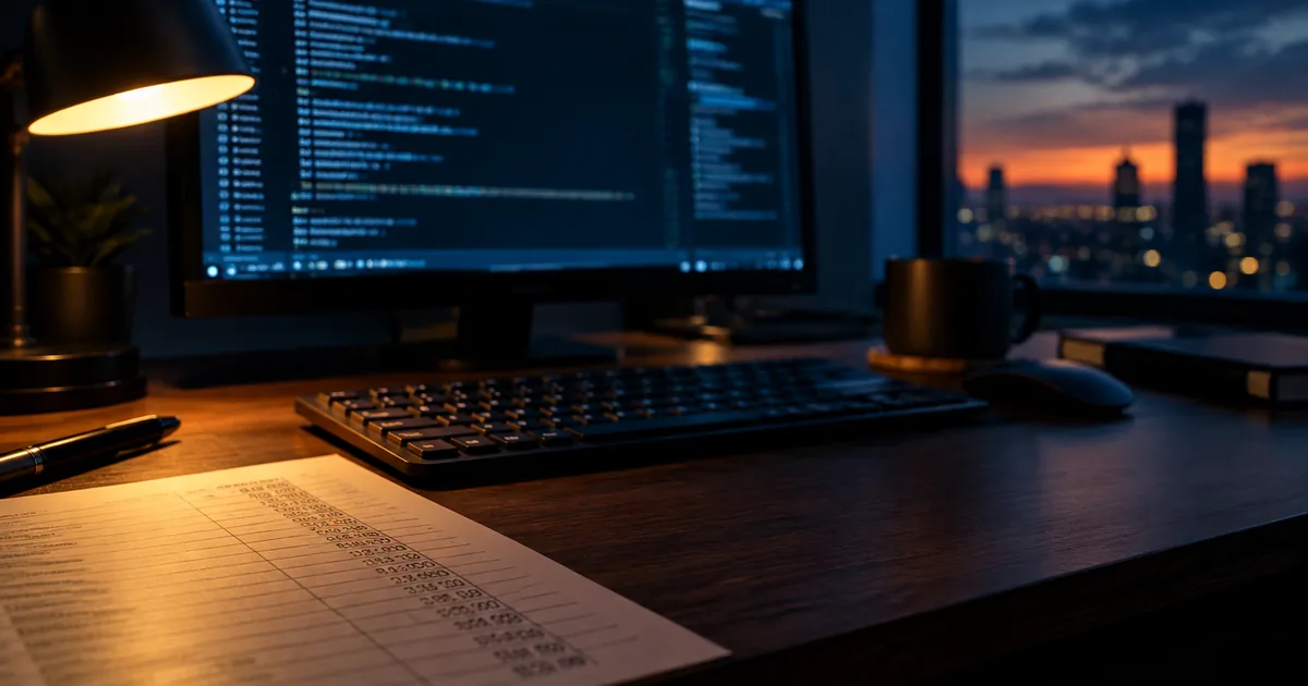 A minimalist developer desk at dusk, monitor showing an out-of-focus terminal, a printed page of figures lit by a desk lamp in the foreground