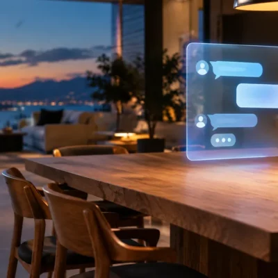 A translucent chat panel with glowing conversation bubbles floating beside an oak dining table in a dusk-lit showroom