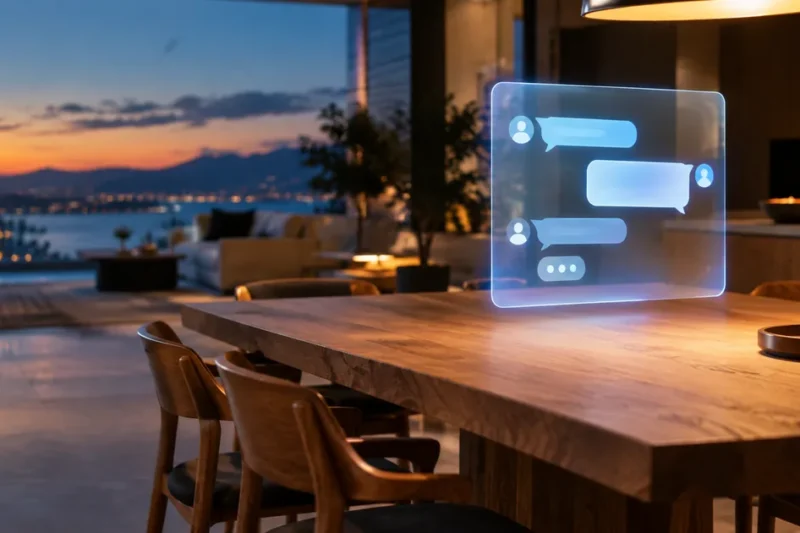 A translucent chat panel with glowing conversation bubbles floating beside an oak dining table in a dusk-lit showroom