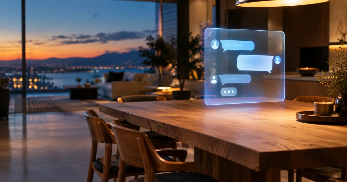A translucent chat panel with glowing conversation bubbles floating beside an oak dining table in a dusk-lit showroom