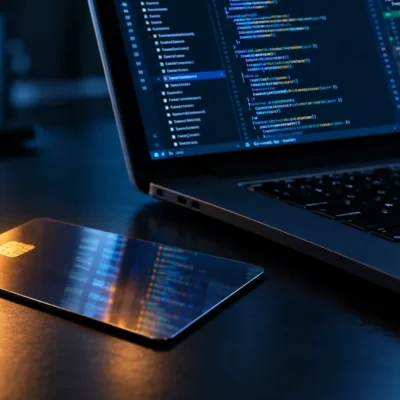 A glowing corporate access keycard lying on a dark desk next to an open laptop displaying a source code diff