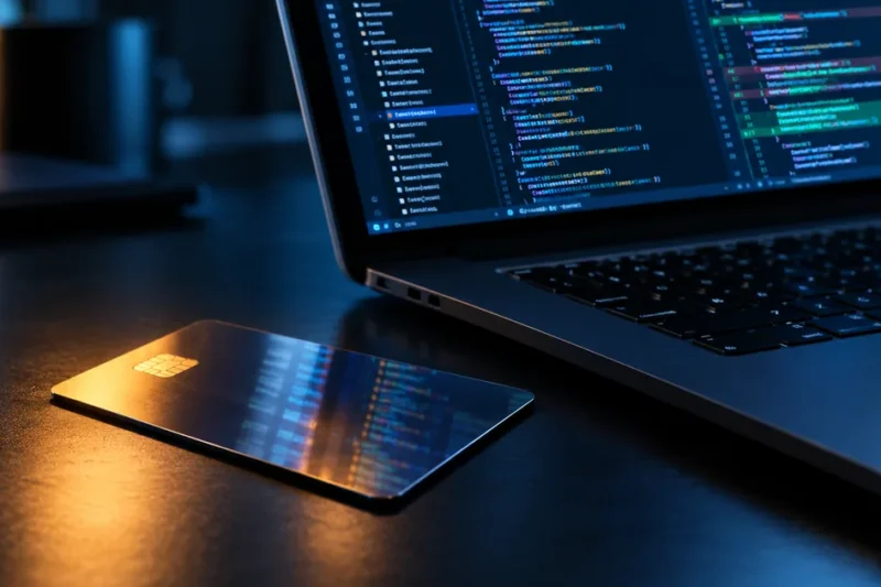 A glowing corporate access keycard lying on a dark desk next to an open laptop displaying a source code diff