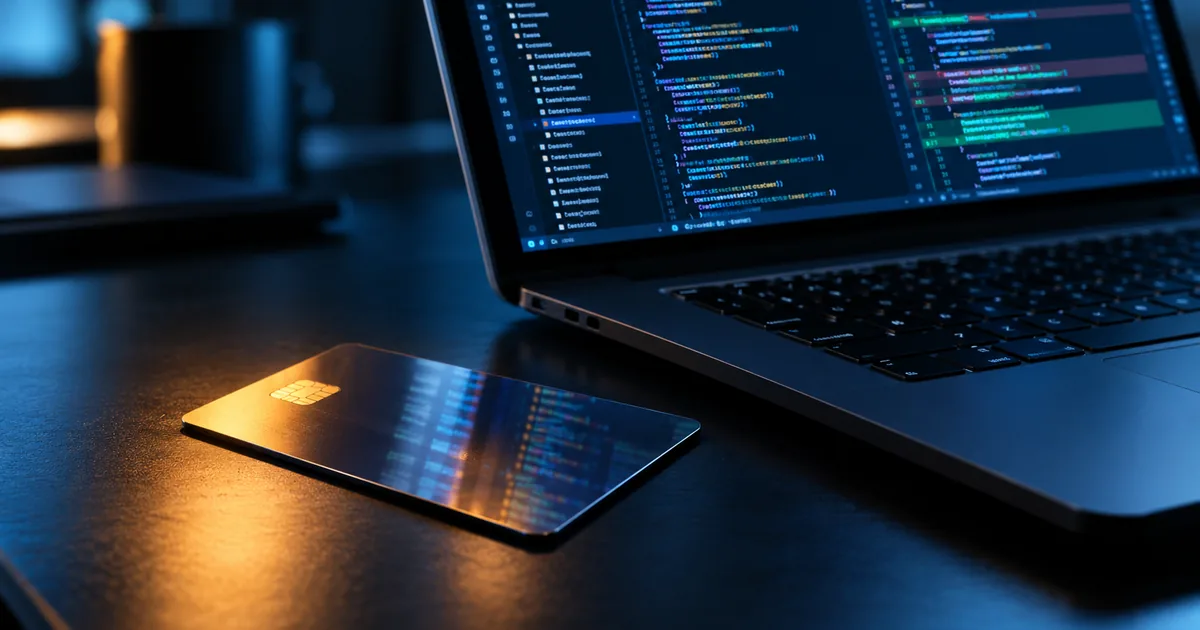 A glowing corporate access keycard lying on a dark desk next to an open laptop displaying a source code diff