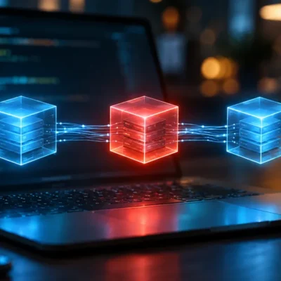 Three glowing translucent module blocks floating above a laptop keyboard, the middle one red among two blue, connected by light trails