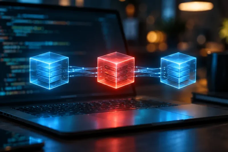Three glowing translucent module blocks floating above a laptop keyboard, the middle one red among two blue, connected by light trails