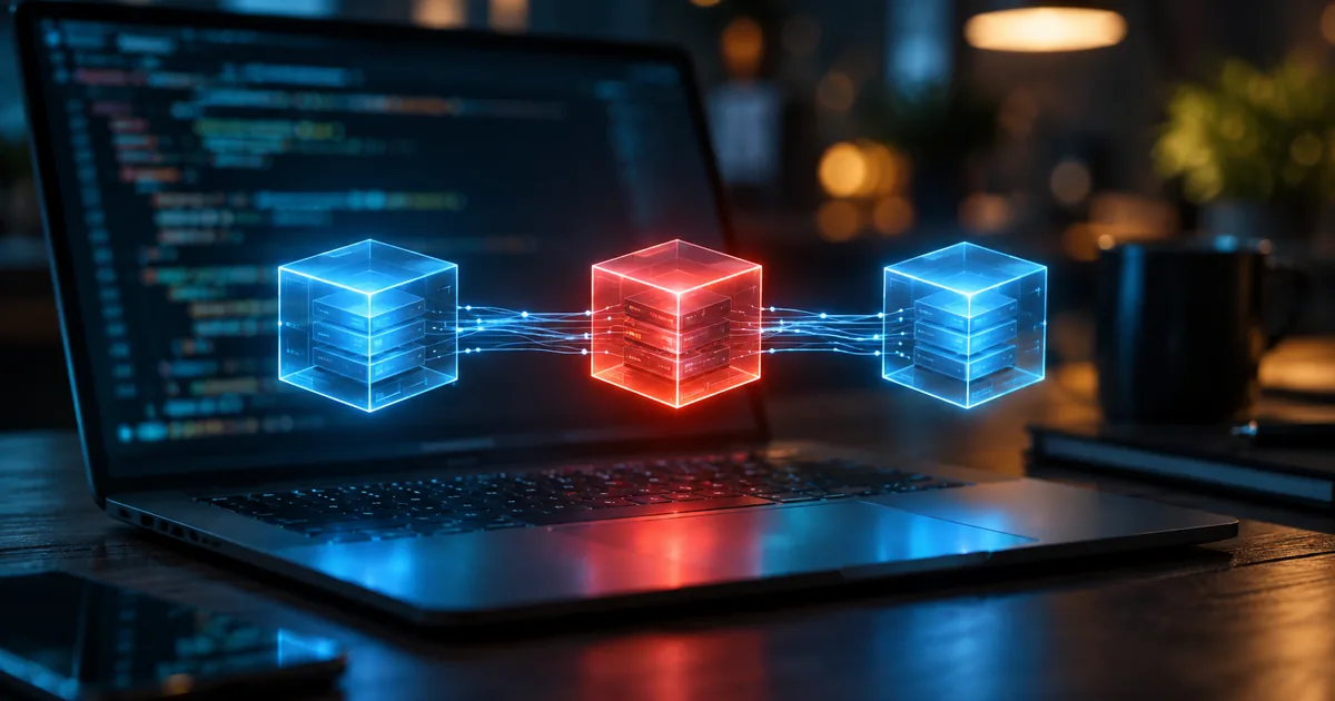 Three glowing translucent module blocks floating above a laptop keyboard, the middle one red among two blue, connected by light trails