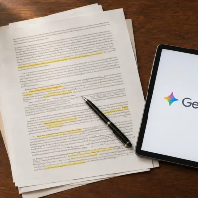 Overhead flatlay of highlighted printed incident report pages on a wooden desk next to a tablet displaying the Google Gemini logo