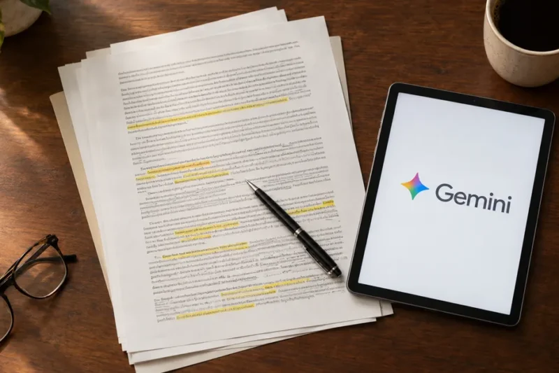 Overhead flatlay of highlighted printed incident report pages on a wooden desk next to a tablet displaying the Google Gemini logo