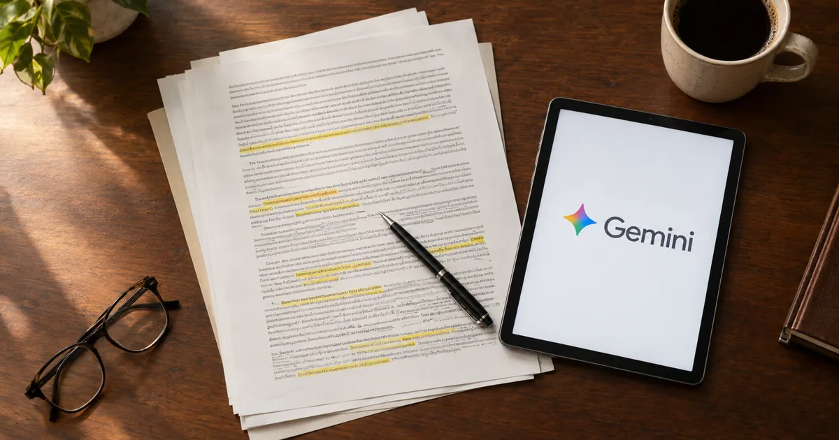 Overhead flatlay of highlighted printed incident report pages on a wooden desk next to a tablet displaying the Google Gemini logo