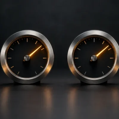 Two identical analog gauges with needles at the same position, a tall stack of coins beside one and a single coin beside the other