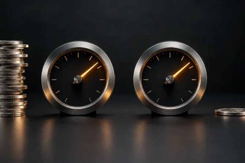Two identical analog gauges with needles at the same position, a tall stack of coins beside one and a single coin beside the other
