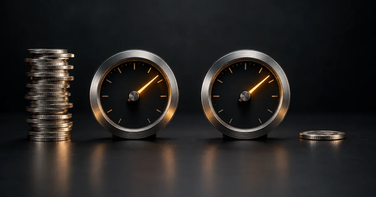 Two identical analog gauges with needles at the same position, a tall stack of coins beside one and a single coin beside the other