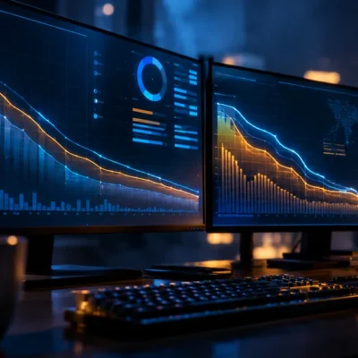 Two ultrawide monitors on a dark desk showing steeply falling cost curve graphs in blue and amber