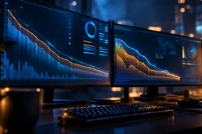 Two ultrawide monitors on a dark desk showing steeply falling cost curve graphs in blue and amber