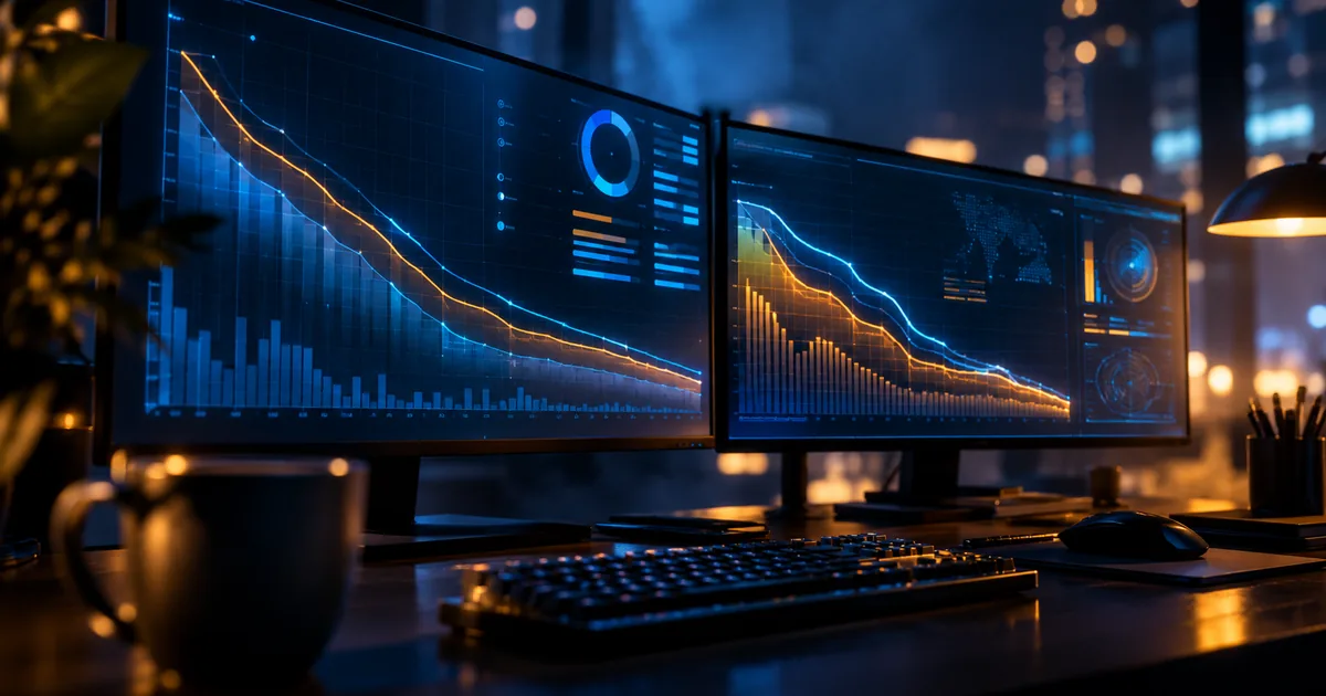Two ultrawide monitors on a dark desk showing steeply falling cost curve graphs in blue and amber