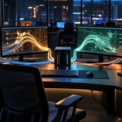 A darkened security operations center with an empty chair and four glowing monitors feeding light trails into one central terminal