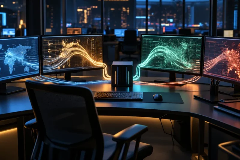 A darkened security operations center with an empty chair and four glowing monitors feeding light trails into one central terminal