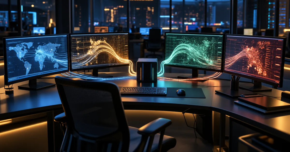 A darkened security operations center with an empty chair and four glowing monitors feeding light trails into one central terminal