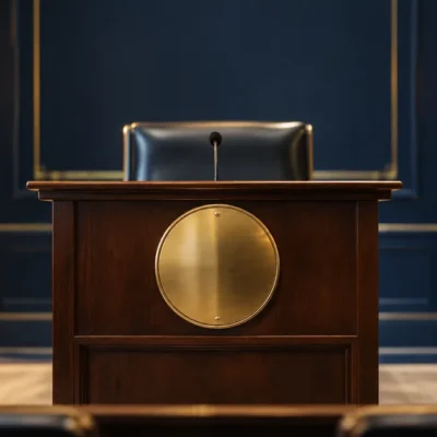 An empty formal hearing-room lectern in a navy chamber, its brass seal plate blank and unengraved, with an empty leather chair behind it