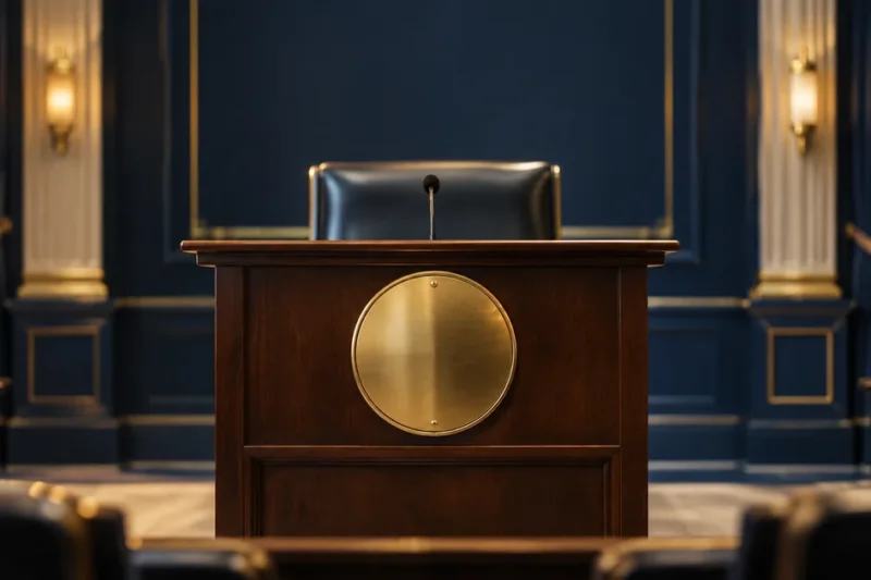 An empty formal hearing-room lectern in a navy chamber, its brass seal plate blank and unengraved, with an empty leather chair behind it