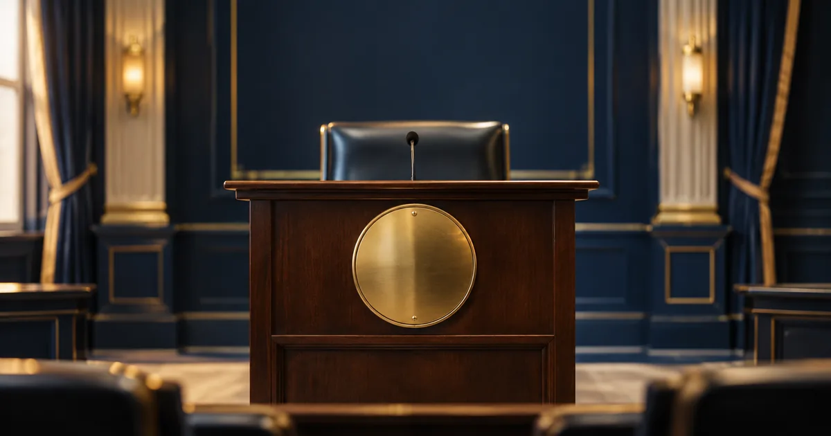 An empty formal hearing-room lectern in a navy chamber, its brass seal plate blank and unengraved, with an empty leather chair behind it