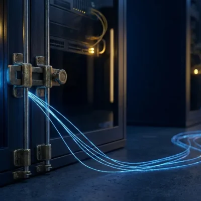 A brass latch holds a glowing blue data stream inside a dark server cabinet while a few thin light threads slip out through a gap and trail across the floor