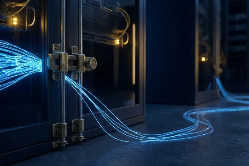 A brass latch holds a glowing blue data stream inside a dark server cabinet while a few thin light threads slip out through a gap and trail across the floor