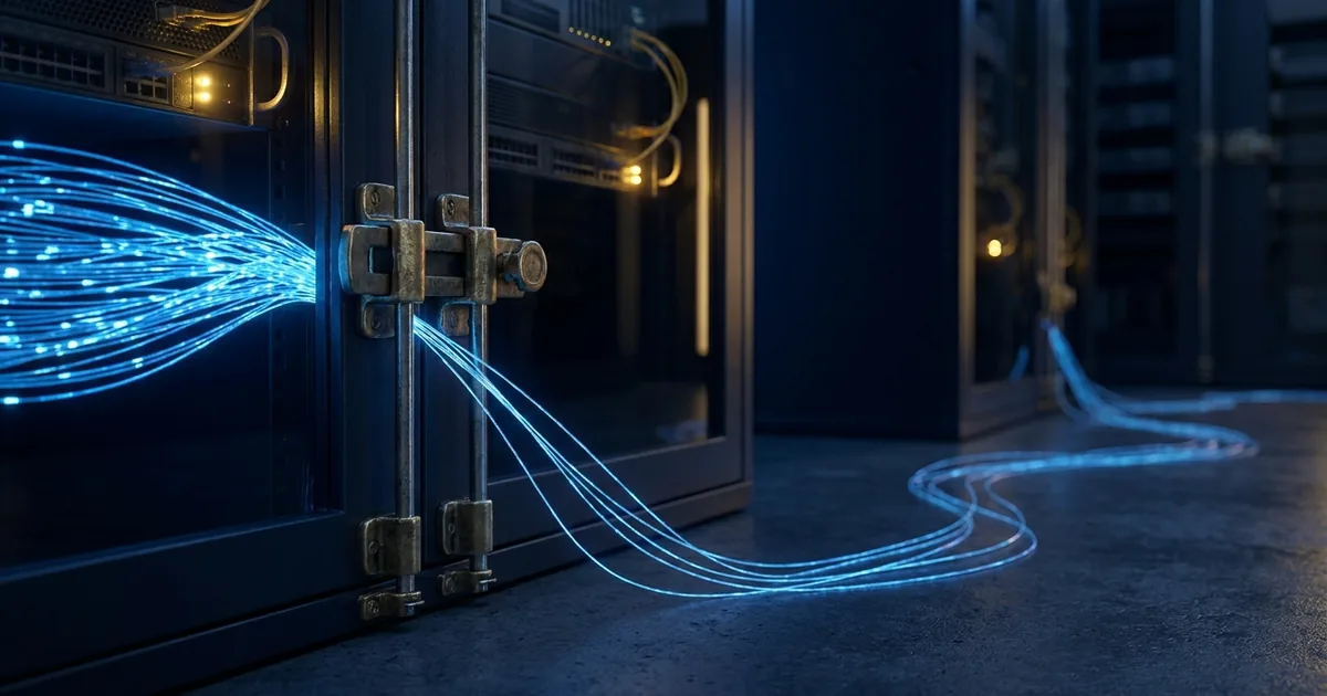 A brass latch holds a glowing blue data stream inside a dark server cabinet while a few thin light threads slip out through a gap and trail across the floor