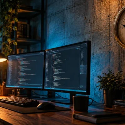 A night-time developer desk with two code-filled monitors, an amber lamp, and a large brass pressure gauge on the concrete wall with its needle swept low