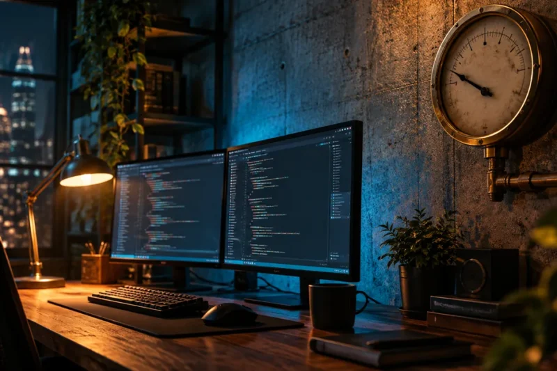 A night-time developer desk with two code-filled monitors, an amber lamp, and a large brass pressure gauge on the concrete wall with its needle swept low