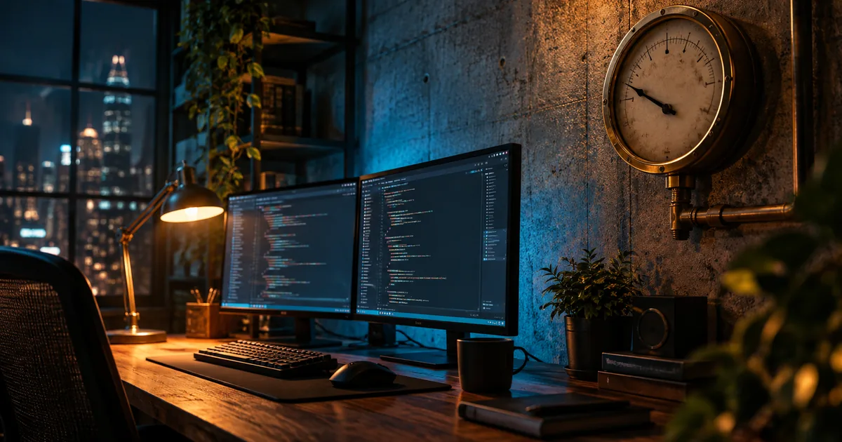 A night-time developer desk with two code-filled monitors, an amber lamp, and a large brass pressure gauge on the concrete wall with its needle swept low
