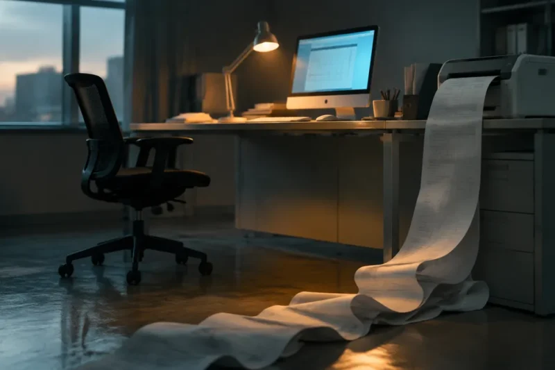 A dim empty office at dawn: an unattended desktop computer glows blue while an office printer feeds one long unbroken roll of invoice paper that pools across the floor