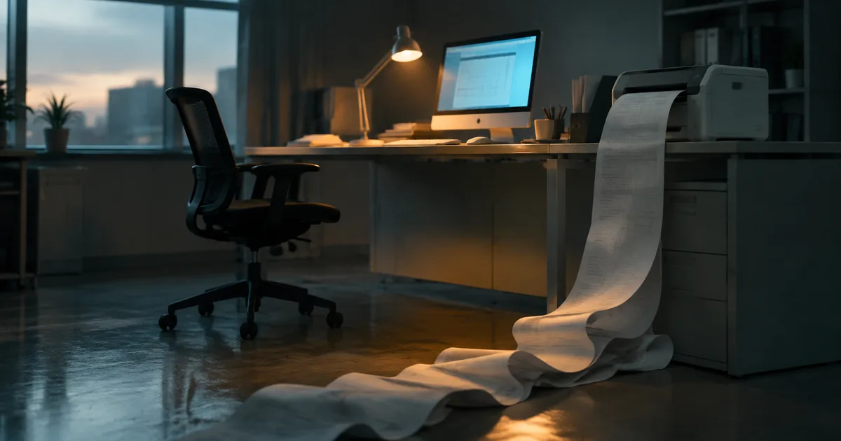 A dim empty office at dawn: an unattended desktop computer glows blue while an office printer feeds one long unbroken roll of invoice paper that pools across the floor