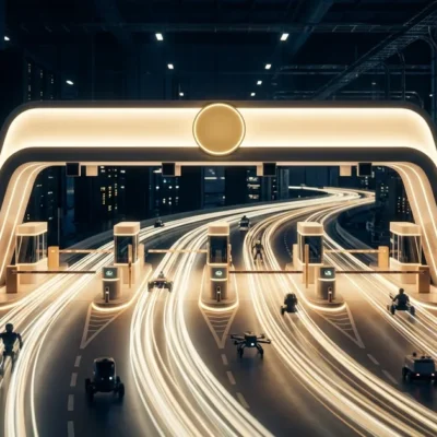 A glowing toll gate spanning a data-center highway as small robotic agents pass through