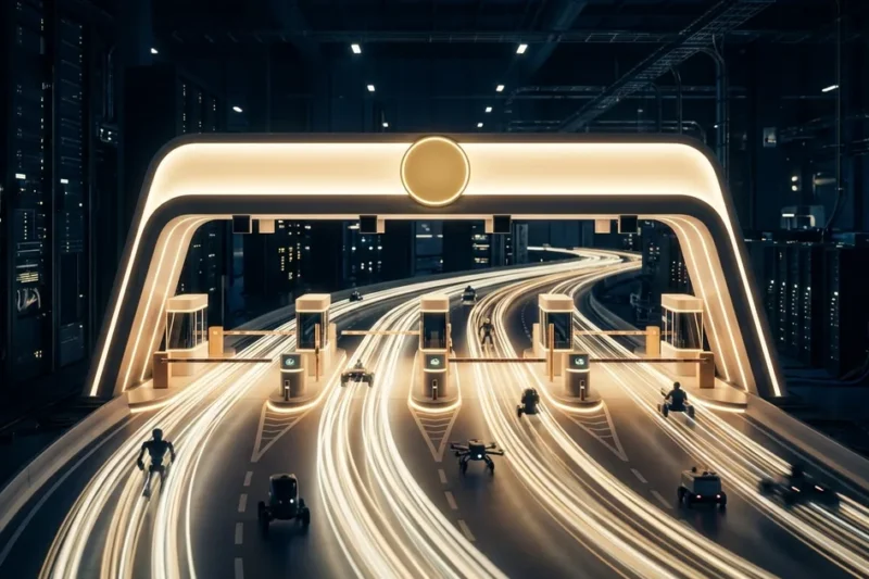 A glowing toll gate spanning a data-center highway as small robotic agents pass through