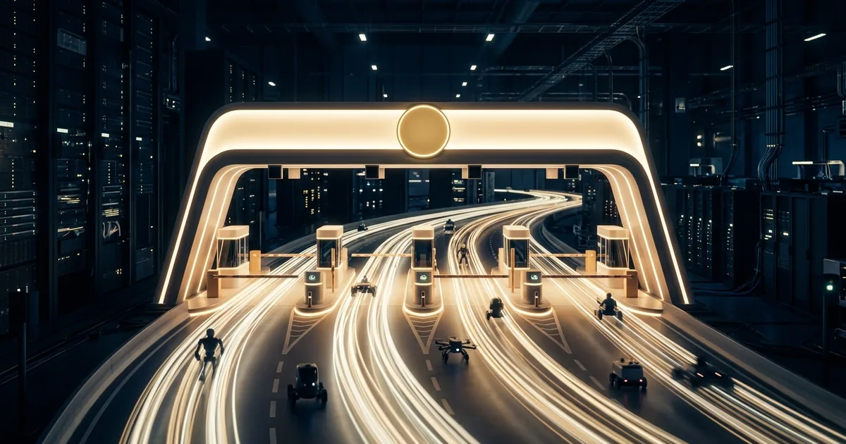 A glowing toll gate spanning a data-center highway as small robotic agents pass through