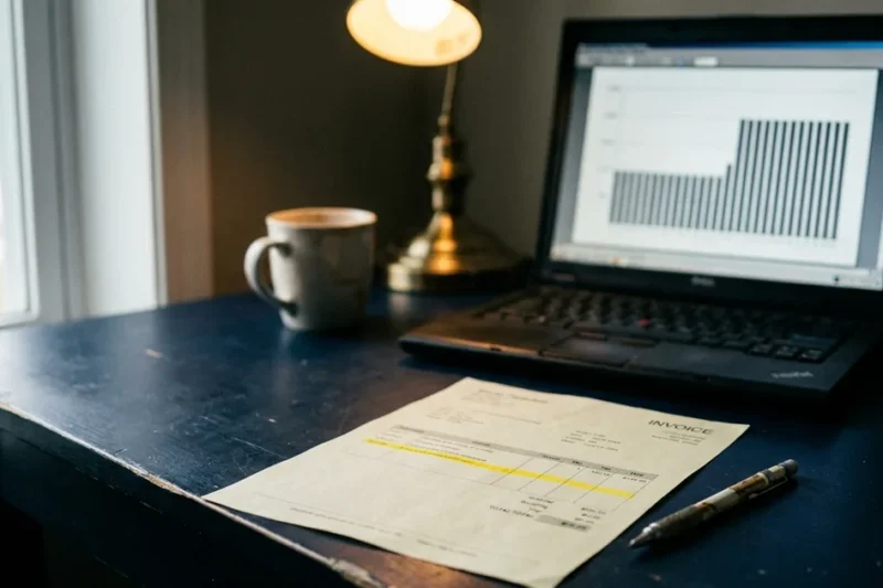 A printed invoice on a navy desk with one line highlighted in yellow, a pencil, a coffee mug, a brass lamp and a laptop showing a bar chart whose bars step up sharply
