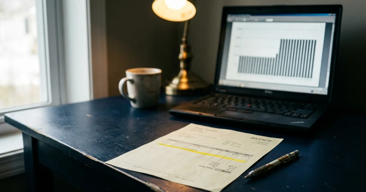 A printed invoice on a navy desk with one line highlighted in yellow, a pencil, a coffee mug, a brass lamp and a laptop showing a bar chart whose bars step up sharply