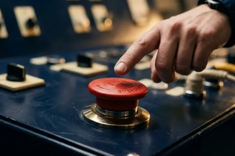 A hand about to press a red emergency stop button on a dark navy control panel