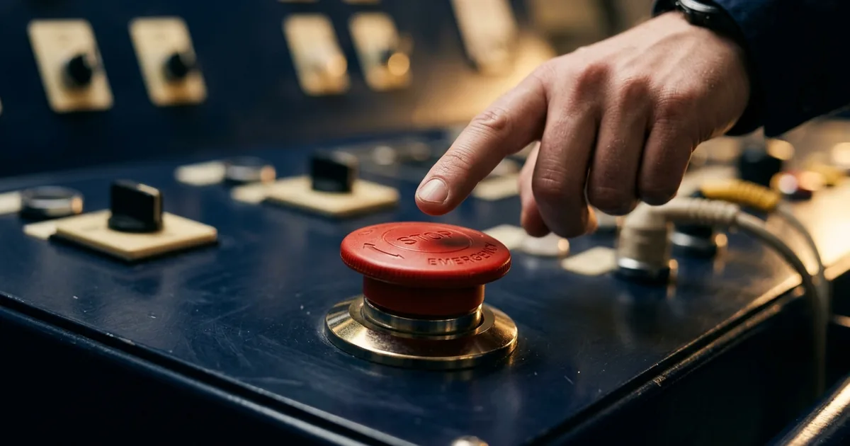 A hand about to press a red emergency stop button on a dark navy control panel