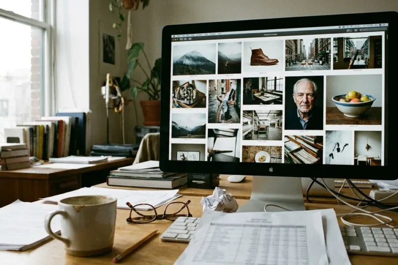 A wooden studio desk by a window with a monitor showing a grid of photographs, a printed spreadsheet, a coffee mug and reading glasses