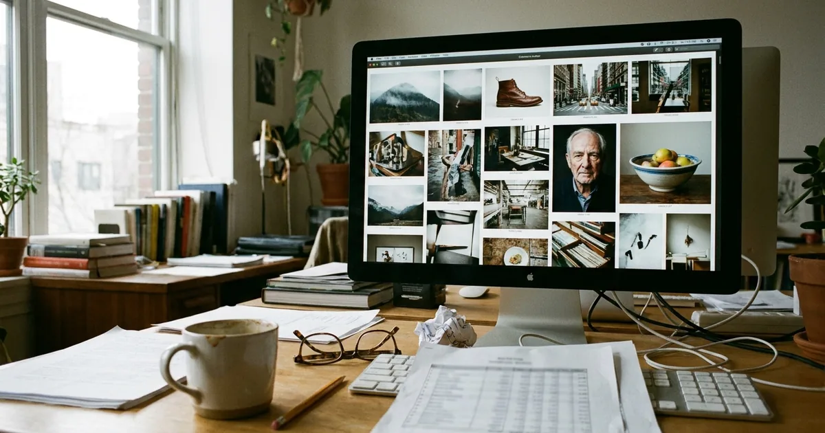 A wooden studio desk by a window with a monitor showing a grid of photographs, a printed spreadsheet, a coffee mug and reading glasses